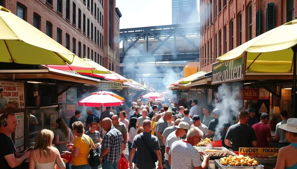 A bustling open-air market in the heart of Chicago's Maxwell Street, teeming with vendors offering a vibrant array of savory street food delights. In the warm afternoon sunlight, fragrant plumes of smoke rise from sizzling grills as customers peruse stalls piled high with juicy burgers, crispy falafel, and aromatic kebabs. Bright umbrellas shade the compact scene, where locals and visitors alike haggle good-naturedly over prices, creating a lively, authentic atmosphere. In the background, historic brick buildings and the elevated train tracks lend a gritty urban charm to this quintessential Chicago street food experience.