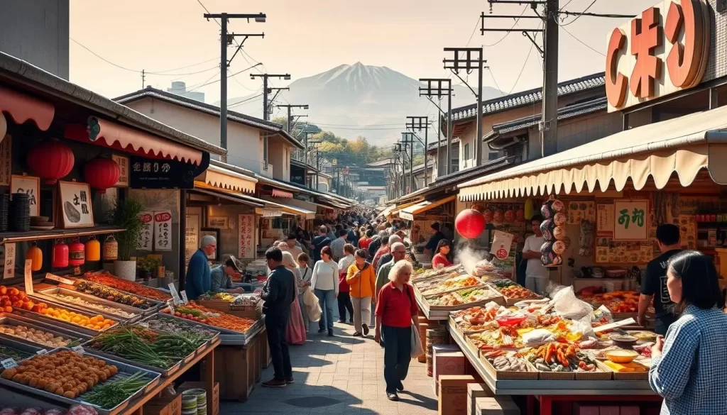 A bustling open-air market in the heart of Kyushu, Japan, overflowing with vibrant displays of local produce, fresh seafood, and sizzling street food stalls. In the foreground, artisanal vendors showcase their seasonal specialties - succulent grilled yakitori, steaming bowls of tonkotsu ramen, and colorful wagashi sweets. The middle ground is a lively scene of locals and visitors alike, browsing the stalls and savoring the flavors of the region. In the background, the iconic silhouettes of Kyushu's mountains and traditional architecture set the stage for this culinary paradise, bathed in the warm, golden light of a sunny day. The atmosphere is one of celebration, community, and a deep appreciation for the rich gastronomic traditions of this island.