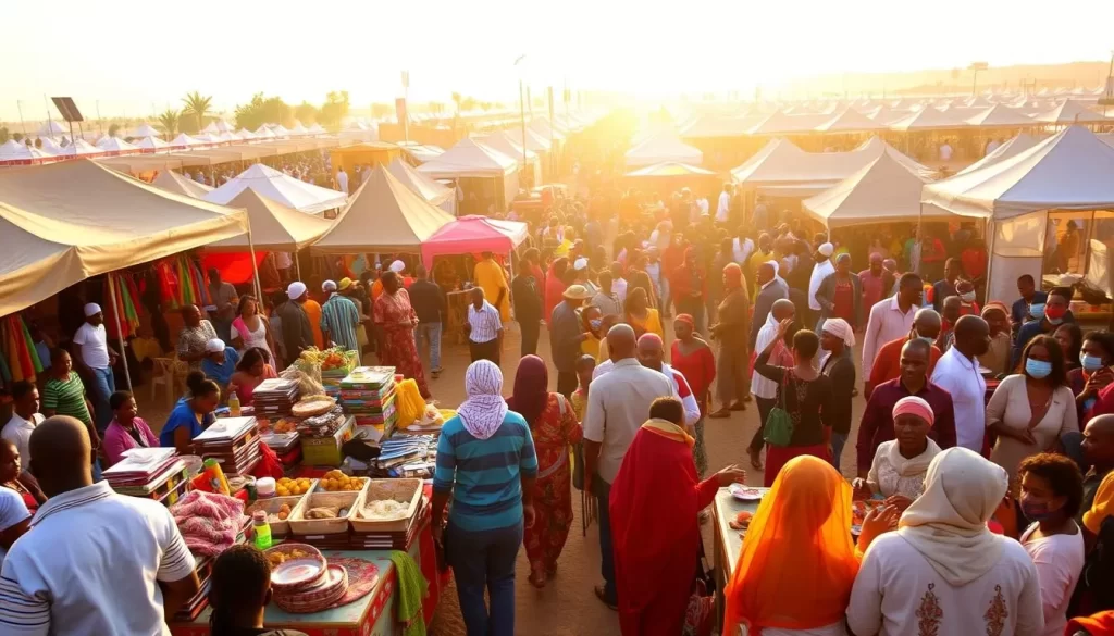 A bustling outdoor festival in Djibouti, with vibrant stalls and lively crowds. In the foreground, vendors sell handcrafted wares and traditional Djiboutian cuisine. The middle ground features a stage with musicians playing energetic local music, people dancing and enjoying the festivities. In the background, colorful tents and pavilions dot the scene, creating an immersive atmosphere. The warm golden sunlight filters through, casting a soft glow over the whole event. The overall mood is one of celebration, cultural richness, and a welcoming, festive spirit.