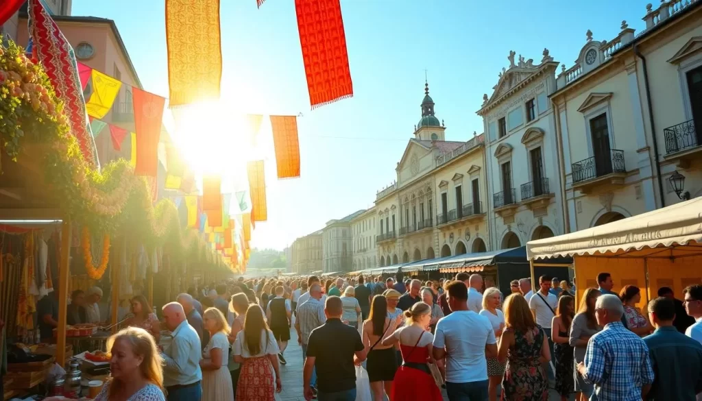 A bustling outdoor festival in North Macedonia, illuminated by warm sunlight filtering through colorful banners and garlands. In the foreground, vendors offer an array of local crafts, textiles, and fragrant street food. Lively music from traditional instruments fills the air, as costumed dancers sway amidst the crowd. In the middle ground, people of all ages mingle and converse, capturing the celebratory atmosphere with their cameras. The background features historic buildings, their facades adorned with intricate architectural details, creating a picturesque setting for this vibrant cultural event.