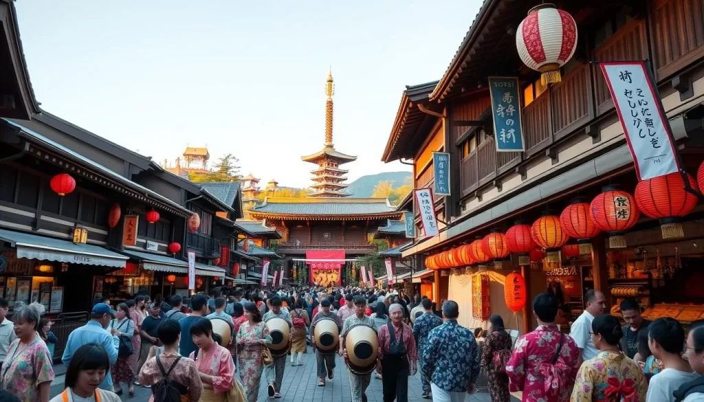 A bustling outdoor festival in a traditional Japanese town, with lanterns and banners hanging from the wooden buildings. In the foreground, visitors in colorful kimonos and yukata stroll through the lively crowds, pausing to admire the array of artisanal food stalls and craft vendors. In the middle ground, a large stage showcases a dynamic performance of taiko drummers, their rhythmic beats echoing through the cobblestone streets. In the background, a iconic Shinto shrine stands tall, its ornate architecture bathed in warm, golden light. The atmosphere is vibrant, celebratory, and infused with the rich cultural heritage of Japan.
