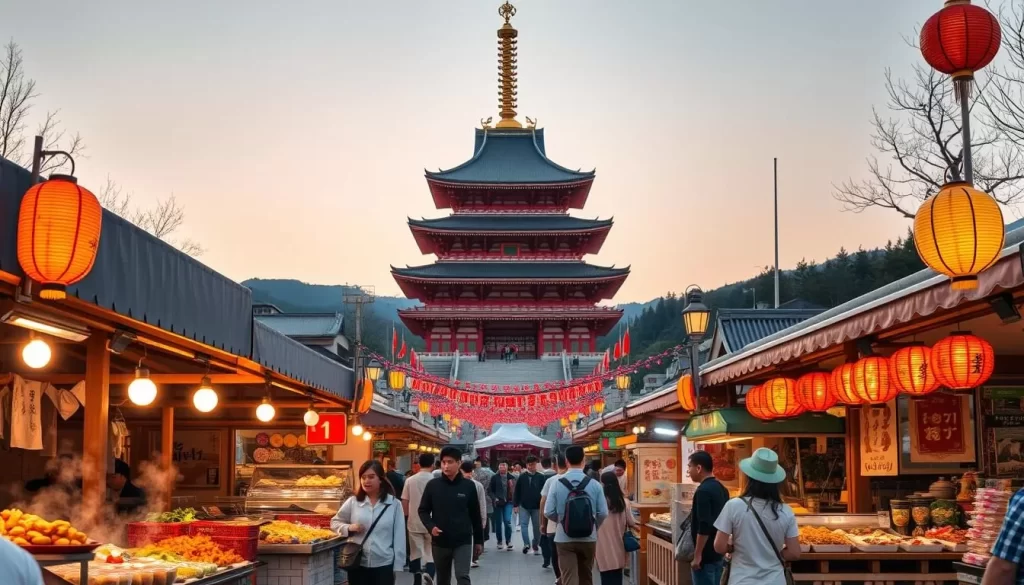 A bustling outdoor food festival in Fukui, Japan. In the foreground, vendors offer an array of traditional dishes - steaming takoyaki, sizzling okonomiyaki, and fragrant yakisoba. The middle ground showcases colorful lanterns and festive decorations, creating a warm, lively atmosphere. In the background, a magnificent temple stands tall, its ornate architecture bathed in the soft glow of sunset. The scene is illuminated by natural light, with a hint of golden hour hues casting a welcoming ambiance. The overall mood is one of celebration, culture, and the joy of shared culinary experiences.