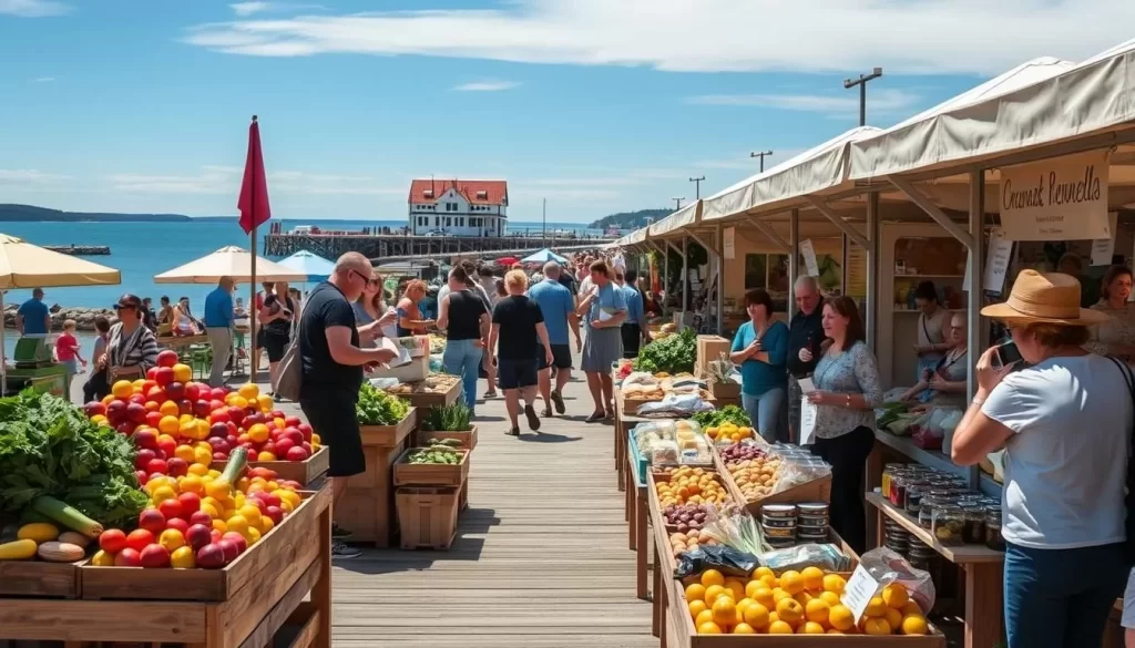 A bustling outdoor market in Gimli, Manitoba on a sunny day. In the foreground, a variety of local produce and artisanal foods are displayed on wooden stalls - fresh fruits, vegetables, baked goods, and handcrafted preserves. In the middle ground, people stroll through the market, sampling tasty treats and browsing the wares of local vendors. In the background, the picturesque shoreline of Lake Winnipeg provides a serene backdrop, with the iconic Icelandic landmark, the Gimli Harbour, visible in the distance. The warm lighting and vibrant colors create a lively, welcoming atmosphere, perfect for a foodie exploration of this charming lakeside town.