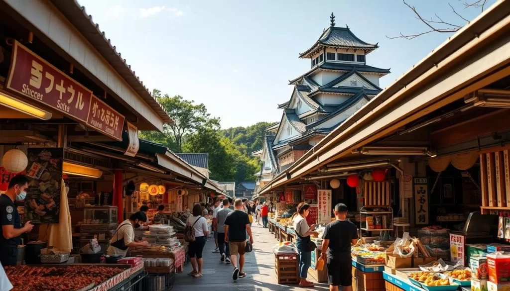 A bustling outdoor market in Matsuyama, Japan, on a sunny afternoon. Rows of colorful stalls offer a mouthwatering array of local delicacies - freshly grilled skewers, steaming hot ramen, crisp tempura, and fragrant bento boxes. The air is filled with the enticing aroma of sizzling okonomiyaki and the lively chatter of vendors and shoppers. In the background, the iconic Matsuyama Castle stands tall, overlooking the vibrant scene. The warm, golden light casts a welcoming glow, inviting food enthusiasts to immerse themselves in the vibrant flavors and traditions of this picturesque city.