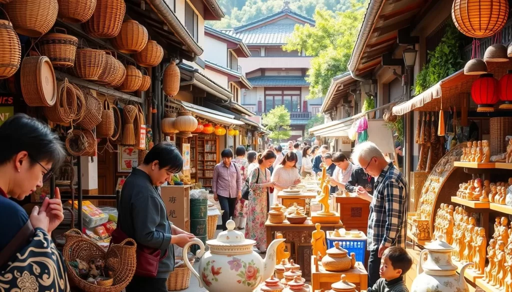 A bustling outdoor market in Matsuyama, Japan, showcasing the city's vibrant traditional crafts. Handwoven baskets, intricately carved wooden figurines, and vibrant silk kimonos fill the stalls, surrounded by the warm glow of natural sunlight. In the foreground, customers carefully examine the intricate details of a delicate porcelain teapot. In the middle ground, artisans work diligently, demonstrating their skilled techniques to fascinated onlookers. The background is a blend of traditional architecture and lush greenery, creating a picturesque and immersive shopping experience.