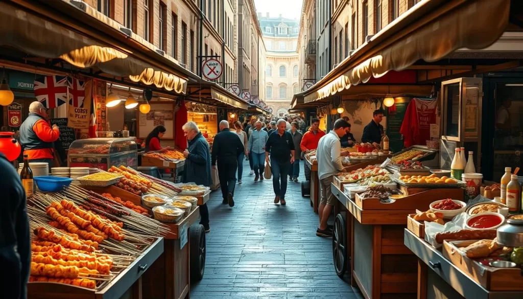 A bustling outdoor market in central London, lined with vibrant food stalls and vendors. Warm sunlight filters through the stalls, casting a golden glow over the scene. In the foreground, wooden carts overflow with an array of international cuisines - freshly grilled skewers, sizzling crepes, and fragrant curries. In the middle ground, patrons meander through the lively crowd, admiring the colorful displays and sampling the enticing aromas. The background is framed by historic buildings and charming cobblestone streets, capturing the vibrant essence of London's renowned street food culture.