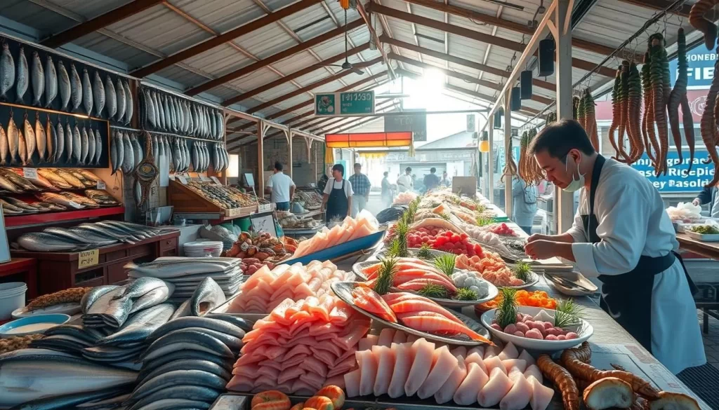 A bustling outdoor market in the Izu Islands, overflowing with the freshest local seafood delicacies. Vibrant stalls display an array of glistening fish, succulent shrimp, and tender octopus, all caught from the nearby bountiful waters. Sunlight filters through the open-air pavilion, casting a warm glow over the scene. In the foreground, a vendor carefully arranges a stunning display of sashimi and sushi, their artful presentation highlighting the natural beauty of the ingredients. In the background, patrons peruse the stalls, selecting the finest morsels to savor. The overall atmosphere exudes the island's coastal charm and the pride local chefs take in showcasing their culinary specialties.
