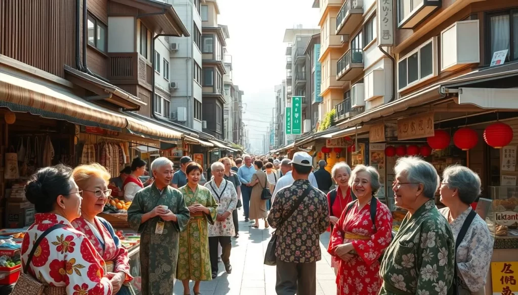 A bustling outdoor marketplace in Kōchi Prefecture, Japan. In the foreground, a group of locals engages in lively conversation, their colorful traditional garments and friendly demeanors reflecting the "Okyaku" culture of welcoming visitors. In the middle ground, stall owners proudly display their wares - locally-sourced produce, handcrafted goods, and tempting street food. The background is a blend of traditional wooden buildings and modern architecture, bathed in warm, diffused sunlight that creates a inviting, vibrant atmosphere. The scene conveys a sense of community, hospitality, and pride in Kōchi's unique cultural identity.