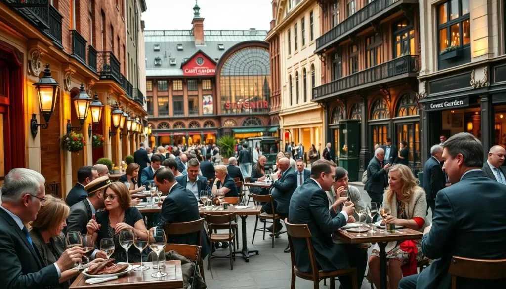 A bustling outdoor scene in Covent Garden, London, showcasing the vibrant steakhouse district. In the foreground, well-dressed patrons dine al fresco at quaint sidewalk cafes, savoring juicy cuts of meat and sipping fine wine under the warm glow of gas lamps. The middle ground features the iconic Georgian architecture, with ornate facades and intricate ironwork adorning the historic buildings. In the background, the iconic Covent Garden Piazza is visible, with its cast-iron and glass market hall, street performers entertaining the crowds, and a lively atmosphere that exudes the charm of this renowned dining destination. Crisp, even lighting captures the scene in a naturalistic, documentary-style aesthetic.