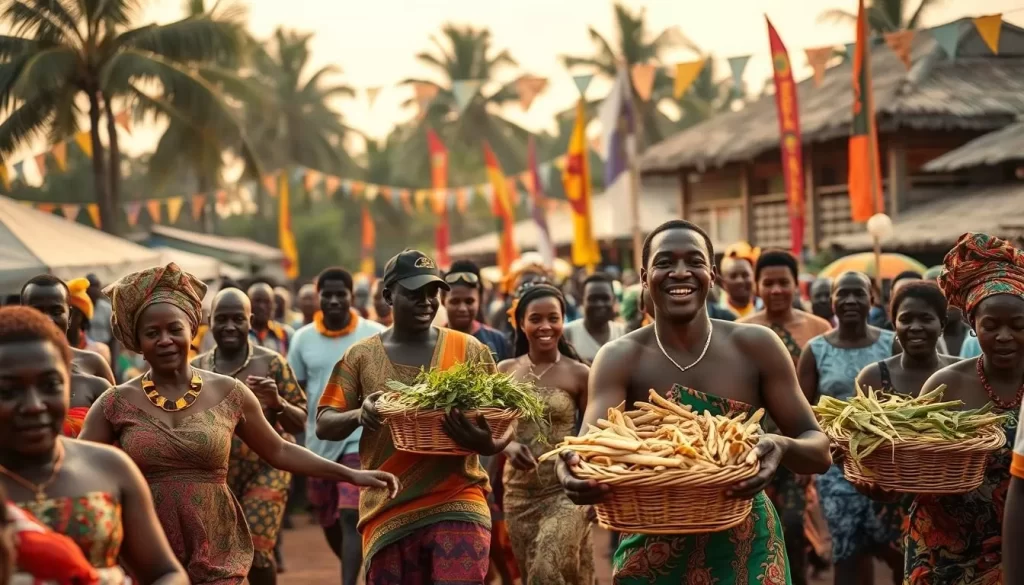 A bustling outdoor scene in Ghana's Homowo Festival, with a vibrant, joyful atmosphere. In the foreground, locals in colorful traditional attire dance and celebrate, their expressions filled with excitement. The middle ground showcases people carrying baskets and trays overflowing with freshly harvested crops, symbolizing the bountiful harvest. In the background, decorative flags and banners sway in the gentle breeze, while thatched-roof buildings and palm trees create a lush, tropical setting. Soft, warm lighting bathes the entire scene, accentuating the celebratory mood. The image conveys the spirit of gratitude and community during the Homowo Festival, a time-honored tradition marking the end of the lean season and the arrival of a prosperous harvest.