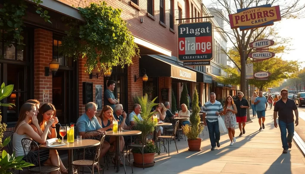 A bustling outdoor scene in Logan Square, Chicago, showcasing a charming neighborhood restaurant. A cozy patio with wrought-iron tables and chairs is bathed in warm, golden afternoon sunlight. Patrons dine on delectable local cuisine, sipping craft cocktails, while lush greenery and potted plants create a lively, intimate atmosphere. Brick facades and vintage signage of adjacent establishments line the sidewalk, hinting at the vibrant, artsy character of the area. Pedestrians stroll by, adding to the lively, community-driven ambiance. Capture the inviting, authentic essence of this cherished local dining destination.