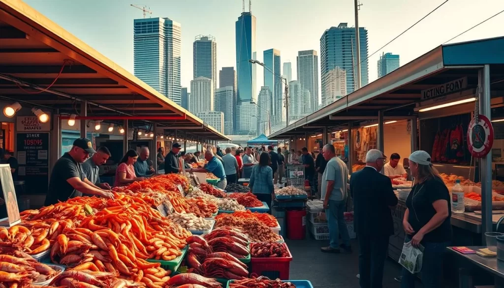 A bustling outdoor seafood market in the heart of Los Angeles, overflowing with fresh catches from the nearby Pacific Ocean. Vibrant stalls offer a tantalizing array of glistening shrimp, succulent lobsters, and delicate fillets, their scents mingling with the salty sea air. Patrons browse the selection, conversing with friendly vendors under the warm California sun. In the background, the iconic skyscrapers of the city skyline rise up, a dramatic contrast to the lively, down-to-earth seafood scene. Warm lighting casts a golden glow, accentuating the vivid colors and textures of the seafood. A bustling, multi-layered tableau that captures the essence of Los Angeles' celebrated seafood culture.