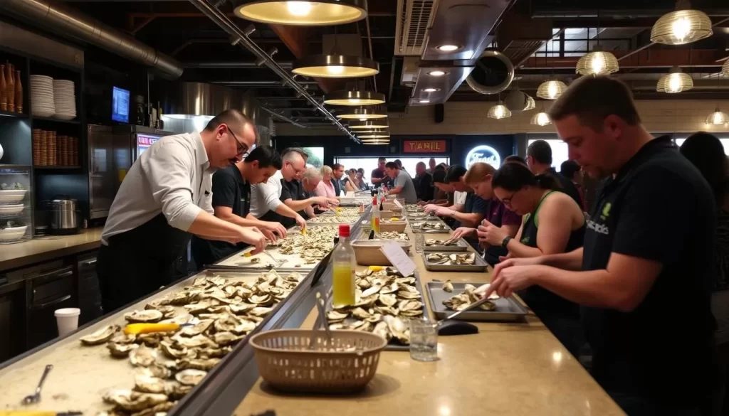 A bustling oyster bar with a long counter and people watching oysters being shucked