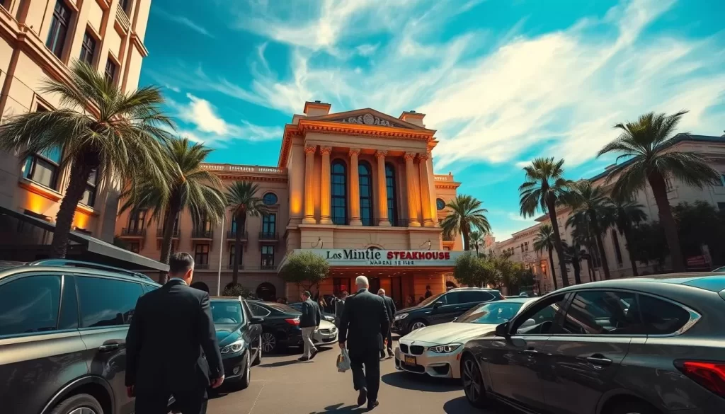 A bustling scene in the heart of Los Angeles, showcasing the city's acclaimed steakhouse scene. A grand, ornate building with towering columns stands as the centerpiece, its facade illuminated by warm, golden lighting. Parked luxury cars line the street, hinting at the discerning clientele. In the foreground, smartly dressed patrons stroll towards the entrance, anticipation in their step. The sky is a clear, brilliant blue, with wispy clouds drifting overhead. The overall atmosphere exudes an air of sophistication and indulgence, setting the stage for an exceptional dining experience.