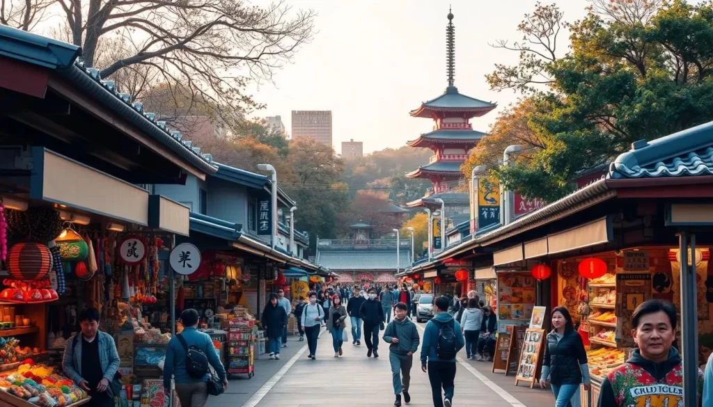 A bustling scene in the vibrant Ueno Park area, Tokyo. In the foreground, an array of colorful shops and stalls line the bustling streets, enticing passersby with an eclectic mix of traditional crafts, trinkets, and delectable street food. The middle ground features pedestrians casually strolling, admiring the wares on display and taking in the lively atmosphere. In the background, the iconic architecture of Ueno Park's museums and temples stands as a serene backdrop, bathed in warm, diffused sunlight filtering through the lush greenery. The overall mood is one of a thriving, dynamic neighborhood, where modern commerce and age-old traditions coexist in harmony.