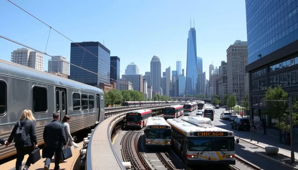 A bustling scene of Chicago's public transportation system on a sunny day. In the foreground, a sleek CTA train glides along the elevated tracks, its sleek silver body reflecting the bright sunlight. Commuters hurry along the platform, briefcases in hand, as they board the train. In the middle ground, a fleet of iconic Chicago buses navigates the streets below, their colorful exteriors and iconic designs standing out against the backdrop of the city's towering skyscrapers. In the distance, the iconic skyline of downtown Chicago rises, its glass and steel structures gleaming in the daylight. The scene conveys a sense of efficient, modern transportation that keeps the city moving.