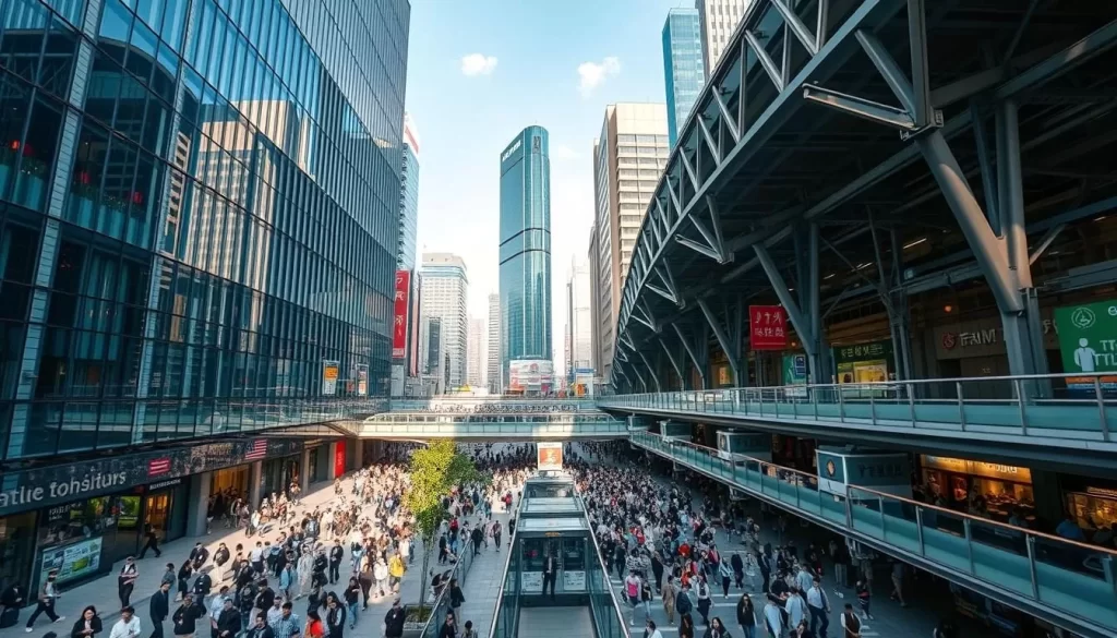 A bustling scene of Shinjuku Station during a pleasant day, capturing the energy and vibrancy of Tokyo's commercial heart. An imposing, modern architecture with sleek glass facades and intricate steel structures dominates the foreground, casting dynamic shadows across the bustling crowds below. In the middle ground, commuters and pedestrians navigate the intricate web of walkways and overpasses, their movements choreographed by the station's efficient design. The background features the towering skyscrapers of the Shinjuku business district, their glass and steel silhouettes reaching towards the sky under a soft, diffused lighting. The overall atmosphere conveys a sense of urban energy, efficiency, and the relentless pulse of one of the world's most vibrant metropolitan centers.