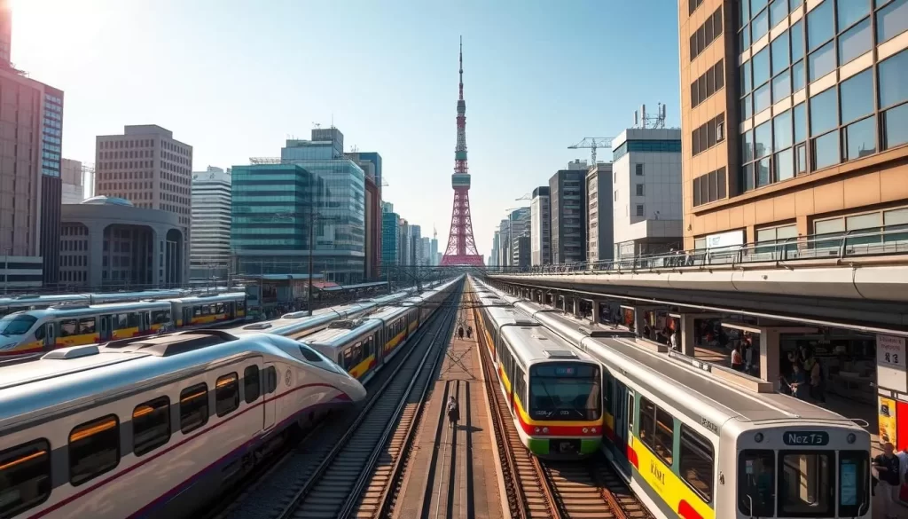 A bustling scene of Tokyo's vibrant public transportation system. In the foreground, a sleek, high-speed shinkansen train glides past modern skyscrapers, its polished exterior reflecting the bright, warm sunlight. In the middle ground, a fleet of colorful, efficient subway trains awaits passengers at a crowded station platform, while pedestrians hurry along the sidewalks. In the background, the iconic Tokyo Tower stands tall, its latticed structure silhouetted against a cloudless, azure sky. The overall atmosphere conveys the efficiency, convenience, and energy of getting around Minato, Tokyo's dynamic business and cultural hub.
