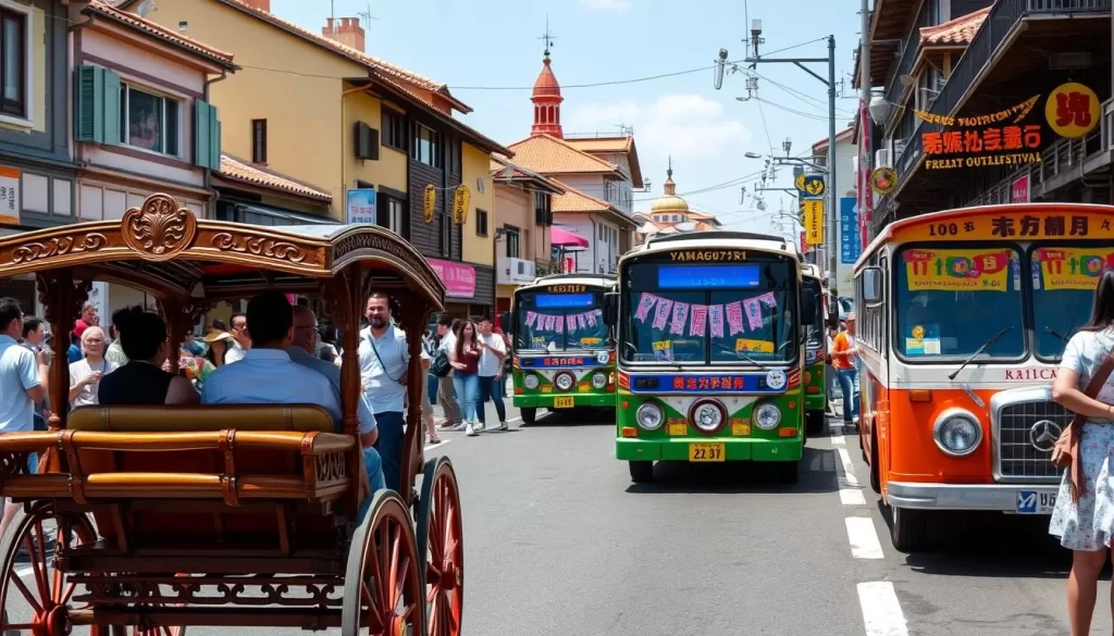 A bustling scene of Yamaguchi Prefecture's vibrant transportation during a lively festival. In the foreground, a traditional rickshaw transports passengers through the colorful crowds, its wooden frame and intricate carvings gleaming in the warm sunlight. In the middle ground, a fleet of unique local buses adorned with festival banners and streamers ferry attendees to the event's various venues. The background is filled with the vibrant architecture of historic buildings, their roofs and facades reflecting the festive atmosphere. The overall mood is one of energy, color, and cultural celebration, capturing the essence of getting to Yamaguchi's renowned festival locations.