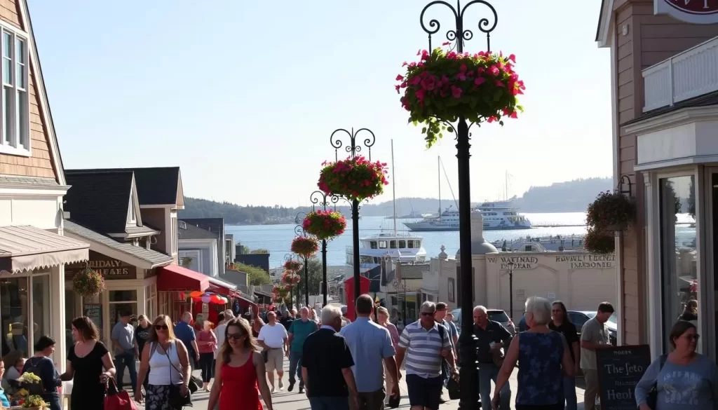 A bustling scene of downtown Friday Harbor, Washington on a sunny afternoon. The quaint streets are lined with charming storefronts, boutiques, and cafes, inviting visitors to stroll and explore. In the foreground, pedestrians casually window-shop, chatting and enjoying the lively atmosphere. Towards the middle, colorful flower baskets hang from lampposts, casting a warm glow. In the background, the serene waters of the harbor glisten, with sailboats and ferries gently drifting by. The overall mood is one of relaxation and small-town character, capturing the essence of this popular Pacific Northwest destination.