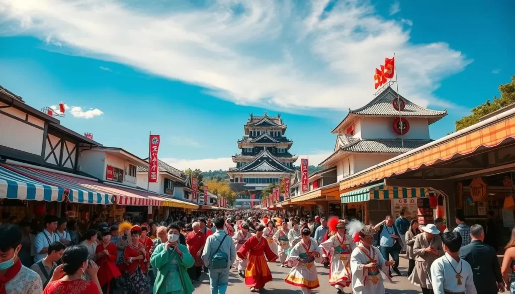 A bustling scene of the Okayama Festival unfolds in a vibrant kaleidoscope of colors. In the foreground, a parade of elaborately adorned dancers and musicians weave through the lively crowd, their movements graceful and energetic. The middle ground reveals rows of colorful festival stalls, their awnings billowing in the gentle breeze, offering an array of traditional Japanese delicacies and handcrafted wares. In the background, the iconic Okayama Castle stands tall, its imposing silhouette framed by a cloudless azure sky. Warm, golden sunlight bathes the entire scene, creating a festive and welcoming atmosphere, inviting visitors to immerse themselves in the rich cultural tapestry of this cherished annual celebration.