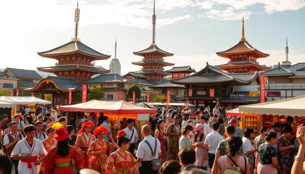 A bustling scene of the annual Saitama Festival. In the foreground, a vibrant procession of traditional dancers and musicians, their colorful costumes and instruments creating a lively atmosphere. In the middle ground, a crowd of spectators gathered around food stalls, sampling local delicacies and browsing handcrafted goods. The background features the iconic architecture of Saitama, with pagodas and shrines standing tall against a clear, sun-dappled sky. Warm, golden lighting illuminates the festivities, capturing the joyous spirit of this cultural celebration. The overall impression is one of a vibrant, immersive experience that transports the viewer to the heart of Saitama's rich heritage.