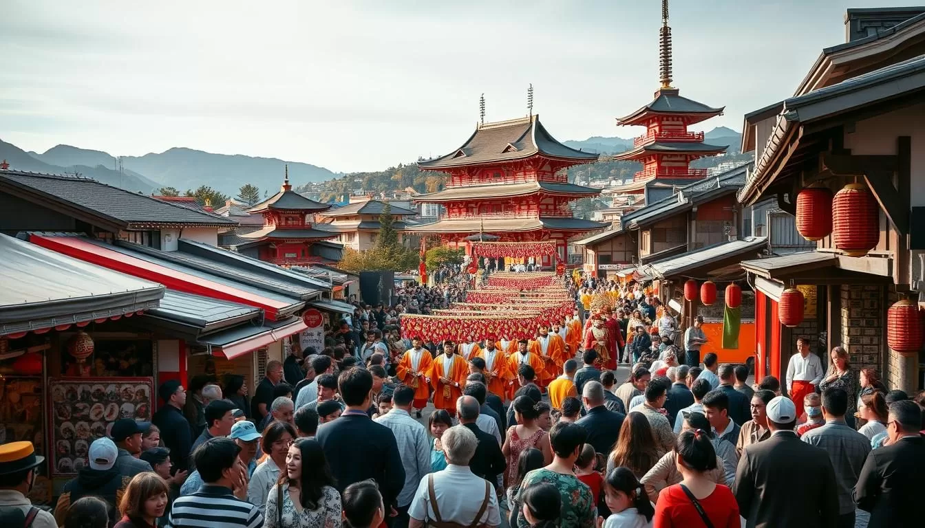 A bustling scene of traditional Ishikawa festivals, set against the backdrop of a picturesque Japanese landscape. In the foreground, crowds gather around colorful stalls selling local crafts and delicacies, their laughter and chatter filling the air. In the middle ground, a grand procession of elaborately costumed performers and musicians weaves through the streets, their vibrant costumes and instruments creating a mesmerizing spectacle. In the background, the iconic architecture of Ishikawa Prefecture frames the scene, with pagodas and temples standing tall and proud. The gentle sunlight casts a warm, inviting glow over the entire tableau, capturing the festive and celebratory spirit of these beloved local traditions.