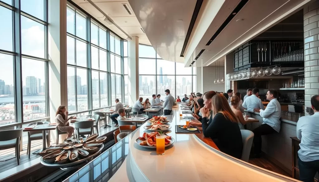 A bustling seafood restaurant set against the backdrop of a vibrant city skyline. In the foreground, a sleek, modern bar with a gleaming counter top, crisp white subway tiles, and a display of fresh oysters and seafood platters. Patrons sit at the bar, sipping craft cocktails and engaging in lively conversation. In the middle ground, chefs in crisp white uniforms deftly prepare dishes, the sizzle of the grill and the aroma of fresh caught seafood filling the air. The high ceilings and large windows allow natural light to flood the space, creating a warm, inviting atmosphere. In the background, the cityscape is visible, hinting at the bustling energy of the urban setting. Overall, the scene conveys a sense of sophistication, quality, and a celebration of the finest seafood the city has to offer.