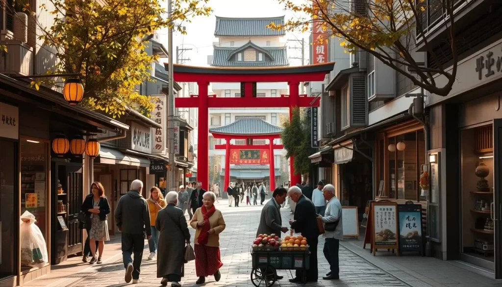A bustling shopping street in the Sugamo district of Tokyo, Japan, lined with traditional shops, lantern-adorned storefronts, and pedestrians strolling along the cobblestone pavement. Warm, natural sunlight filters through the trees, casting a cozy glow over the scene. In the middle ground, a group of elder locals chat and browse the wares of a small vendor cart selling seasonal produce. In the distance, the iconic red torii gate of a Jizo shrine stands as a focal point, framed by the assortment of buildings and shops that characterize this charming, historic neighborhood. The overall atmosphere is one of timeless tradition, community, and a leisurely pace of life.