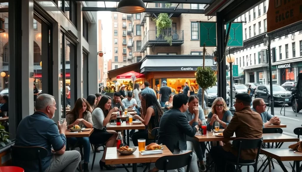 A bustling sidewalk café in Manhattan's eclectic East Village, patrons enjoying a unique dining experience. Modern architectural details frame the scene, natural light filtering through large windows. Mismatched furniture, quirky decor, and a lively ambiance create an unconventional yet charming atmosphere. In the foreground, a group of friends sharing a communal meal, their laughter and conversation adding to the vibrant energy. Stepping back, the middle ground reveals a diverse mix of cuisines, from local specialties to international fare. The background showcases the diverse, ever-changing nature of the neighborhood, hinting at the boundless creativity and experimentation that defines dining in New York City.