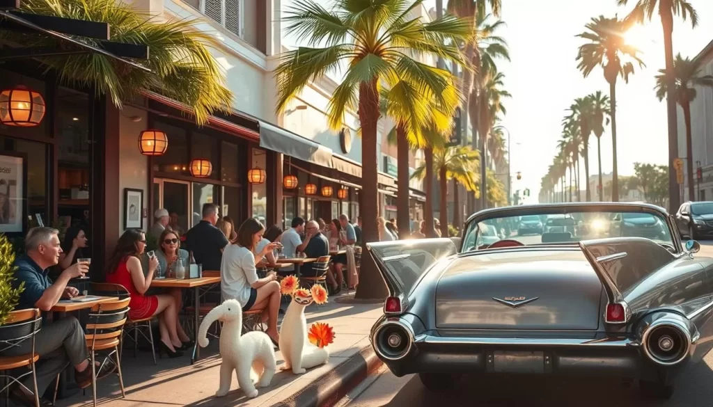 A bustling sidewalk cafe in downtown Los Angeles, warm afternoon sunlight filtering through swaying palm trees. Chic diners enjoy a leisurely lunch of gourmet dishes, sipping craft cocktails. In the foreground, a vintage Cadillac is parked curbside, its chrome gleaming. Quirky art installations dot the scene, adding an eclectic, whimsical touch. The atmosphere is lively yet relaxed, capturing the essence of a unique Los Angeles dining experience.
