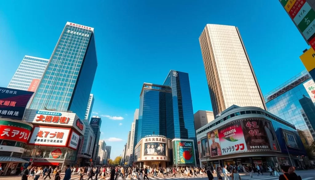 A bustling skyline of sleek modern architecture, the Shibuya Scramble Square Complex stands tall against a vibrant blue sky. Towering glass facades reflect the surrounding cityscape, creating a mesmerizing interplay of light and shadow. In the foreground, the iconic Shibuya Crossing bustles with the energy of pedestrians navigating the dynamic intersection, capturing the essence of Tokyo's vibrant urban landscape. The scene is illuminated by warm, natural sunlight, casting a welcoming glow over the scene. Utilising a wide-angle lens, the image offers a comprehensive view of this must-visit attraction, showcasing its architectural grandeur and the lively energy that emanates from the Shibuya Crossing below.