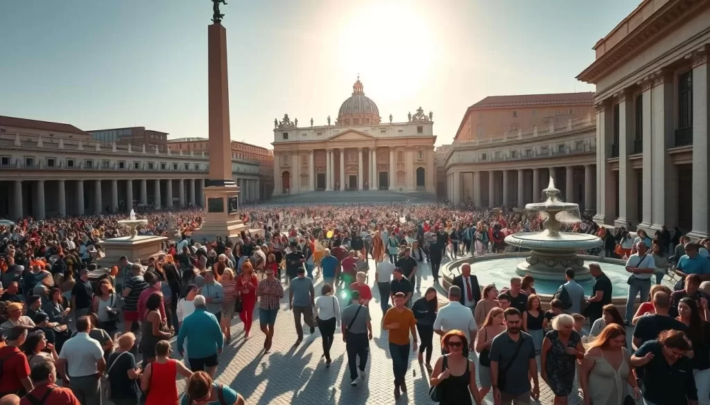 A bustling square in Vatican City, the sun's golden rays illuminating the grand St. Peter's Basilica in the background. Throngs of people filling the piazza, their vibrant clothing and animated expressions capturing the lively atmosphere. In the foreground, a mix of tourists and locals strolling, pausing to admire the towering obelisk and intricate fountains. Elegant Roman architecture frames the scene, casting long shadows across the cobblestones. The warm, inviting light creates a sense of energy and anticipation, inviting the viewer to imagine the ebb and flow of this iconic destination on a pleasant day.