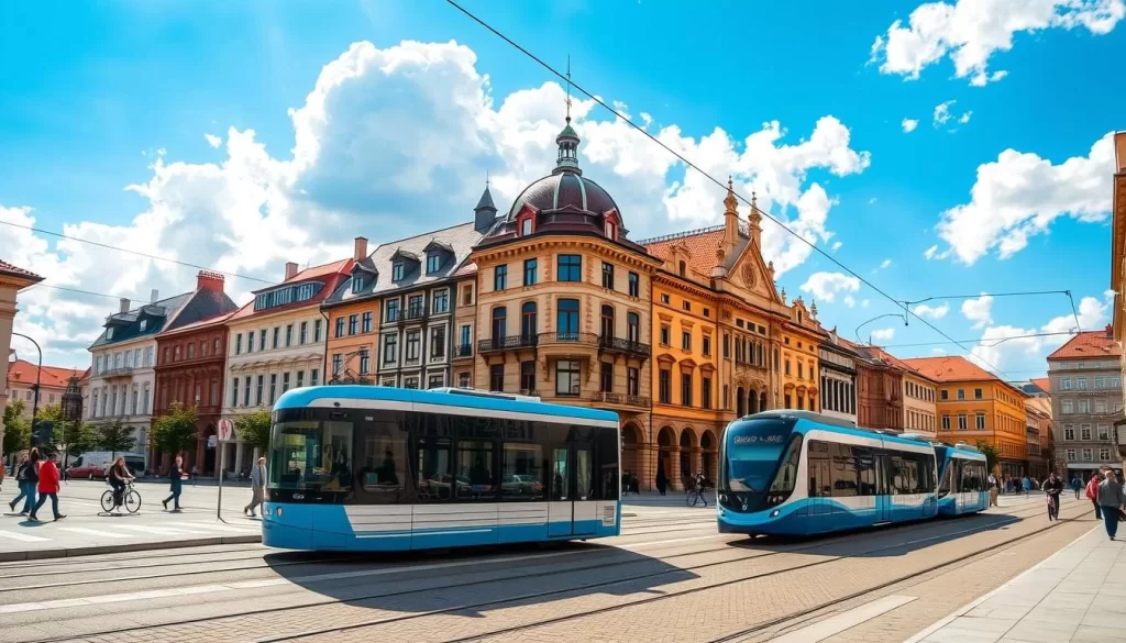 A bustling square in the heart of Sombor, Serbia, showcasing its historic architecture and lively transportation network. In the foreground, a charming tram glides smoothly along the tracks, its sleek design and vibrant color complementing the surrounding buildings. Pedestrians stroll along the well-maintained sidewalks, while cyclists weave through the traffic. The middle ground features a mix of modern and traditional structures, their facades adorned with intricate details and warm, terracotta hues. In the background, the sky is a brilliant blue, with fluffy white clouds casting gentle shadows across the scene. Warm, golden lighting illuminates the entire setting, creating a welcoming and inviting atmosphere.