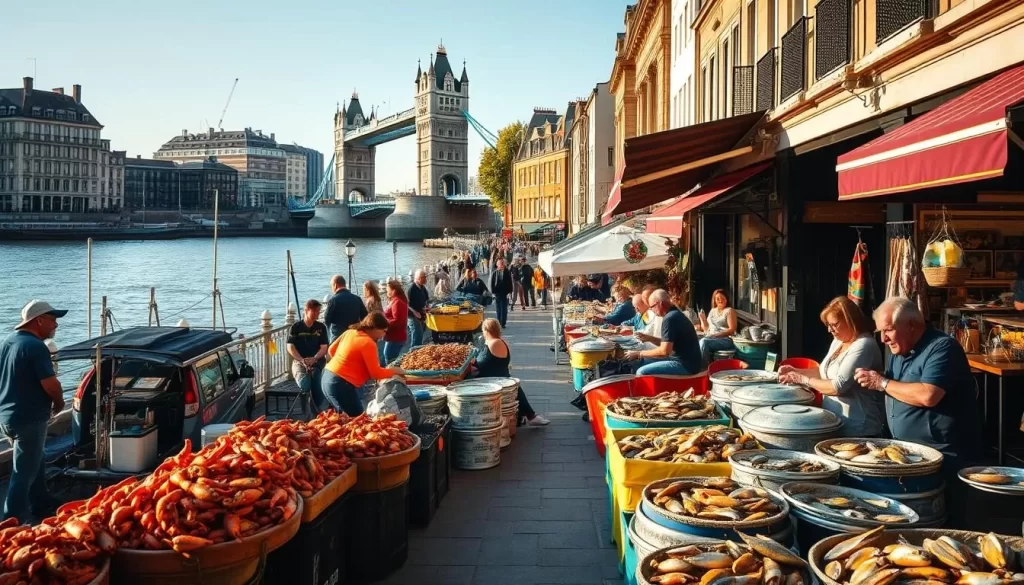 A bustling street along the River Thames, littered with vibrant seafood stalls and market vendors. In the foreground, fishermen unload their daily catch, displaying glistening crustaceans and freshly caught fish. The middle ground features outdoor seating areas of renowned seafood restaurants, patrons savoring the bounty of the sea against a backdrop of historic buildings. In the distance, the iconic silhouette of Tower Bridge rises, evoking London's rich maritime heritage. Warm, golden sunlight bathes the scene, creating a lively, inviting atmosphere. A wide-angle lens captures the energy and diversity of this quintessential London seafood scene.