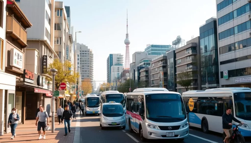 A bustling street in Adachi-ku, Tokyo, bathed in warm afternoon sunlight. In the foreground, pedestrians navigate the well-maintained sidewalks, passing by a mix of traditional Japanese storefronts and modern high-rises. In the middle ground, an assortment of public transportation options - sleek electric buses, compact taxis, and bicyclists - weave through the orderly traffic. The background is punctuated by the iconic Tokyo Skytree, its spire reaching into a clear, azure sky. The overall scene conveys a sense of efficient, well-integrated urban mobility, reflecting the practical, accessible nature of transportation in this dynamic Tokyo ward.