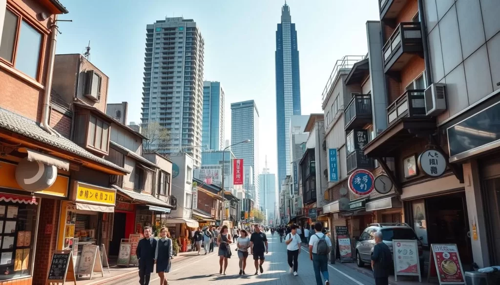 A bustling street in Edogawa-ku, Tokyo, bathed in warm afternoon sunlight. Quaint storefronts and traditional architecture line the sidewalks, creating a charming, historic atmosphere. In the middle ground, a group of locals stroll leisurely, taking in the sights and sounds of their neighborhood. Towering high-rises and skyscrapers in the background provide a striking contrast, showcasing the juxtaposition of old and new that defines this vibrant district. The scene is captured through a wide-angle lens, conveying a sense of depth and immersion, inviting the viewer to explore the unique character of Edogawa-ku, Tokyo's hidden gem.