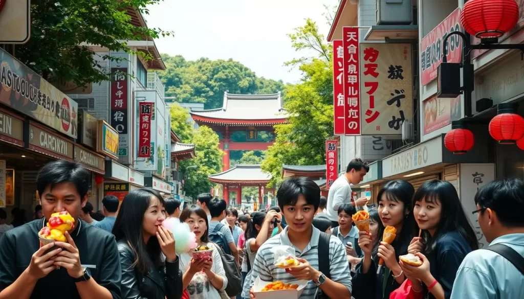 A bustling street in Harajuku, Tokyo, showcasing the district's vibrant culinary scene. In the foreground, a group of friends indulge in colorful, whimsical street food, from taiyaki and cotton candy to takoyaki and crepes. The middle ground features the iconic landmarks of Harajuku, such as the Meiji Shrine and the Togo Shrine, framed by a mix of traditional and contemporary architecture. The background is filled with lush greenery, creating a serene contrast to the lively atmosphere. Warm, natural lighting enhances the sense of a pleasant, sun-dappled day, capturing the energy and diversity of the Harajuku food experience.