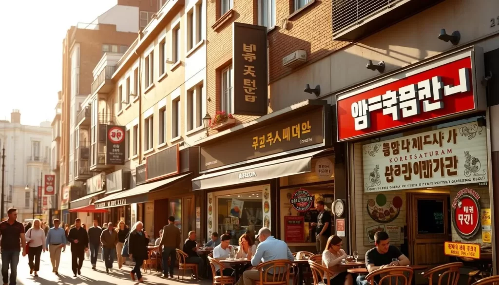 A bustling street in London's Koreatown, with a row of vibrant Korean restaurants lining the sidewalk. Warm sunlight bathes the scene, illuminating the colorful signage and enticing window displays. In the foreground, diners enjoy traditional Korean cuisine at outdoor tables, savoring the flavors and atmosphere. In the middle ground, pedestrians stroll by, taking in the cultural ambiance. The background features a mix of historic buildings and modern architecture, creating a visually compelling urban landscape. The overall mood is one of inviting energy and culinary adventure, capturing the essence of acclaimed Korean restaurants worth visiting in London.