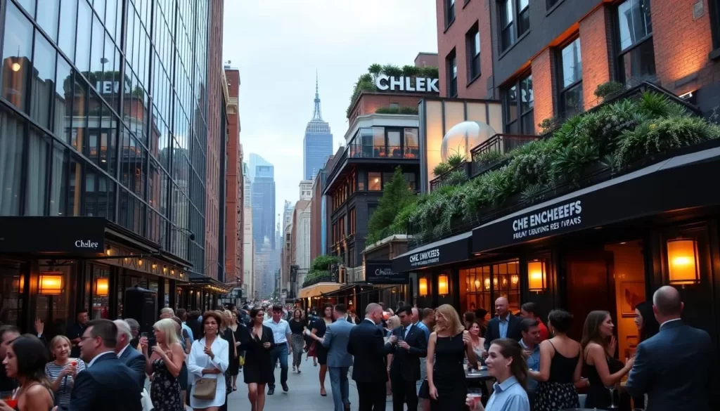 A bustling street in Manhattan's trendy Chelsea neighborhood, lined with high-end restaurants bearing the names of renowned celebrity chefs. Sleek glass facades, subtle lighting, and a touch of modern flair set the stage for an evening of culinary exploration. In the foreground, well-dressed diners spill out onto the sidewalk, sipping craft cocktails and eagerly anticipating their extravagant meals. The middle ground showcases the restaurants' unique architectural elements, from avant-garde sculptures to meticulously manicured rooftop gardens. In the distance, the iconic skyline of New York City serves as a dramatic backdrop, hinting at the city's status as a global epicenter of haute cuisine.