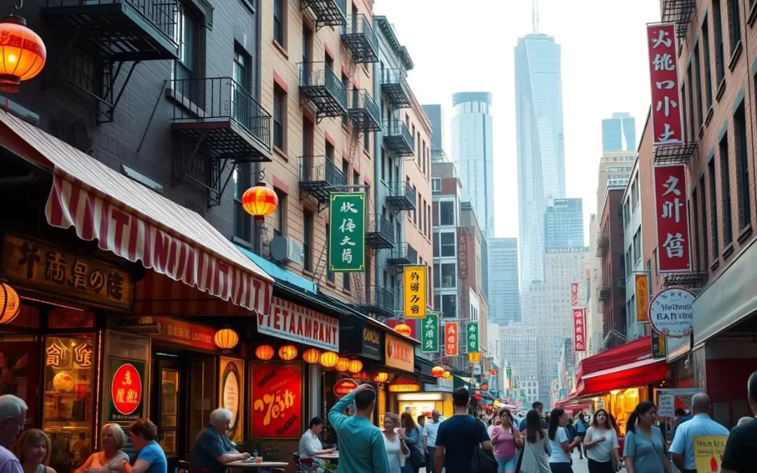 A bustling street in New York City's Chinatown, lined with vibrant Vietnamese restaurants. Colorful awnings and lanterns adorn the facades, inviting passersby to explore the flavors of Vietnam. In the foreground, people can be seen enjoying outdoor seating, savoring steaming bowls of pho and sipping on fragrant Vietnamese coffee. The midground is filled with the lively energy of the neighborhood, with locals and tourists alike browsing the markets and shops. In the background, the iconic skyscrapers of the city skyline rise up, casting a warm glow over the scene. The lighting is soft and natural, capturing the inviting ambiance of this cultural hub. A picturesque representation of New York City's celebrated Vietnamese dining scene.