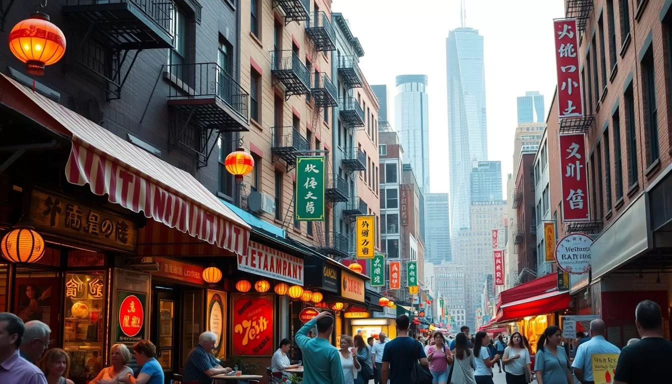 A bustling street in New York City's Chinatown, lined with vibrant Vietnamese restaurants. Colorful awnings and lanterns adorn the facades, inviting passersby to explore the flavors of Vietnam. In the foreground, people can be seen enjoying outdoor seating, savoring steaming bowls of pho and sipping on fragrant Vietnamese coffee. The midground is filled with the lively energy of the neighborhood, with locals and tourists alike browsing the markets and shops. In the background, the iconic skyscrapers of the city skyline rise up, casting a warm glow over the scene. The lighting is soft and natural, capturing the inviting ambiance of this cultural hub. A picturesque representation of New York City's celebrated Vietnamese dining scene.