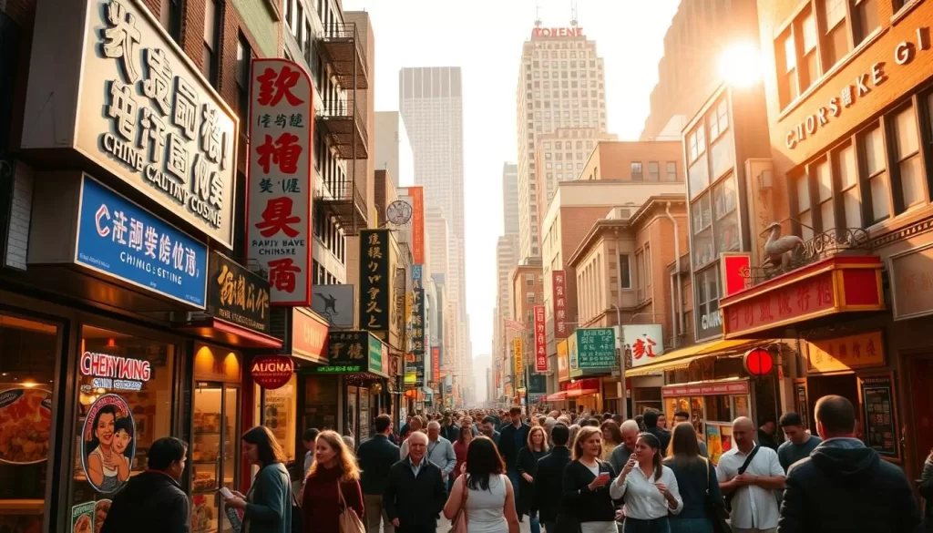 A bustling street in New York City's Chinatown, where the aroma of regional Chinese cuisines wafts through the air. In the foreground, vibrant neon signs and vibrant storefront displays beckon passersby to sample the diverse flavors of China. In the middle ground, a crowd of locals and tourists mingle, carrying takeout containers and chatting animatedly. The background is filled with the iconic skyscrapers and landmarks of the Big Apple, bathed in warm, golden sunlight that filters through the cityscape. The scene exudes a lively, dynamic atmosphere, inviting the viewer to explore the rich culinary tapestry of this multicultural urban landscape.
