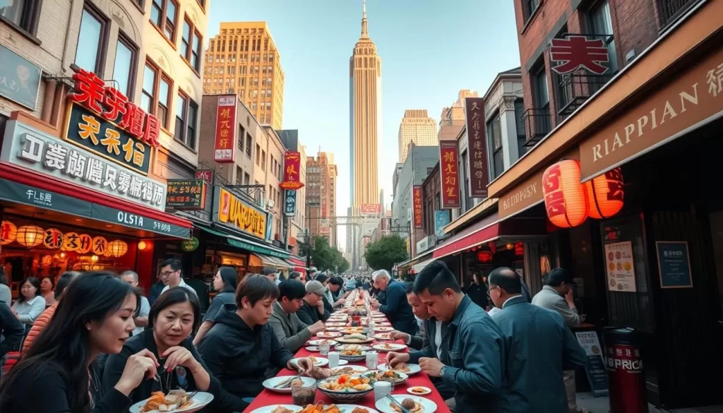 A bustling street in New York City's Chinatown, with vibrant Japanese restaurants lining the sidewalks. In the foreground, a group of diners enjoying a traditional multi-course meal, their plates filled with sushi, ramen, and intricate desserts. The middle ground showcases the facades of the restaurants, with neon signs and intricate architectural details. In the background, the iconic skyscrapers of Manhattan rise, bathed in warm, golden sunlight. The scene conveys a harmonious blend of Japanese culinary traditions and the energy of New York City, creating a sense of cultural fusion and gastronomic delight.