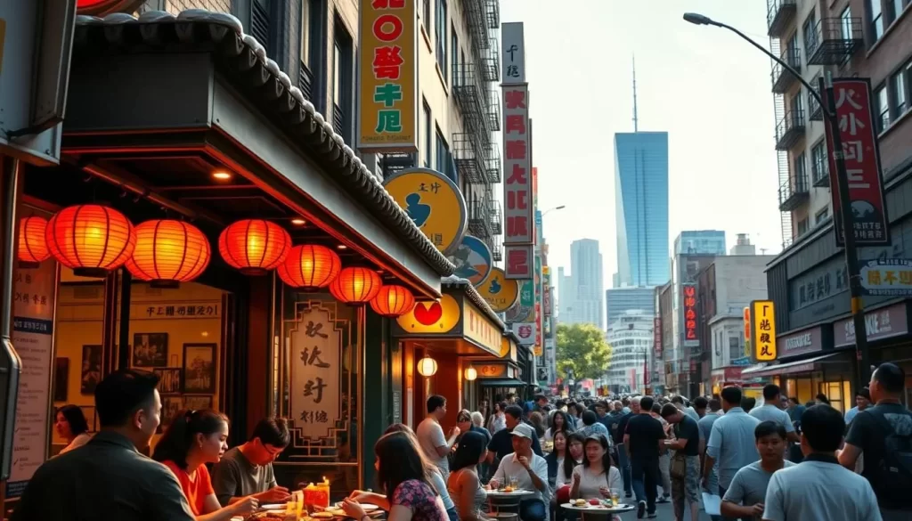 A bustling street in New York City's Koreatown, afternoon sunlight casting a warm glow on the vibrant storefront facades. In the foreground, a group of friends enjoying a lively meal at an authentic Korean restaurant, their faces lit by the inviting amber glow of traditional lanterns. The middle ground features a diverse crowd of diners, both locals and visitors, savoring the rich aromas and flavors of Korean cuisine. In the background, the iconic skyline of Manhattan towers, a testament to the city's dynamic cultural landscape. Capture the energy, the fusion of old and new, the celebration of Korean culinary traditions thriving in the heart of New York.