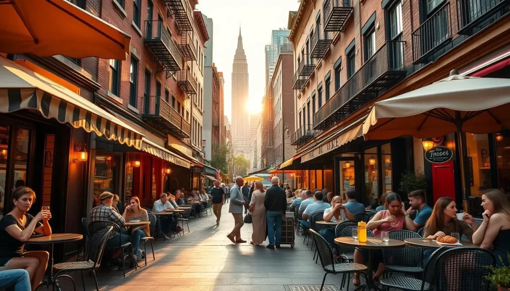 A bustling street in New York City's West Village, lined with charming French bistros and cafés. Quaint outdoor seating areas spill onto the sidewalk, adorned with wrought-iron tables and wicker chairs. Warm, golden light filters through the umbrellas, casting a cozy glow. Customers sip espresso and nibble on freshly baked croissants, immersed in lively conversation. In the background, the skyline of towering skyscrapers serves as a dramatic contrast to the intimate, neighborhood ambiance. A wide-angle lens captures the vibrant scene, showcasing the harmony of classic French style and bustling New York energy.