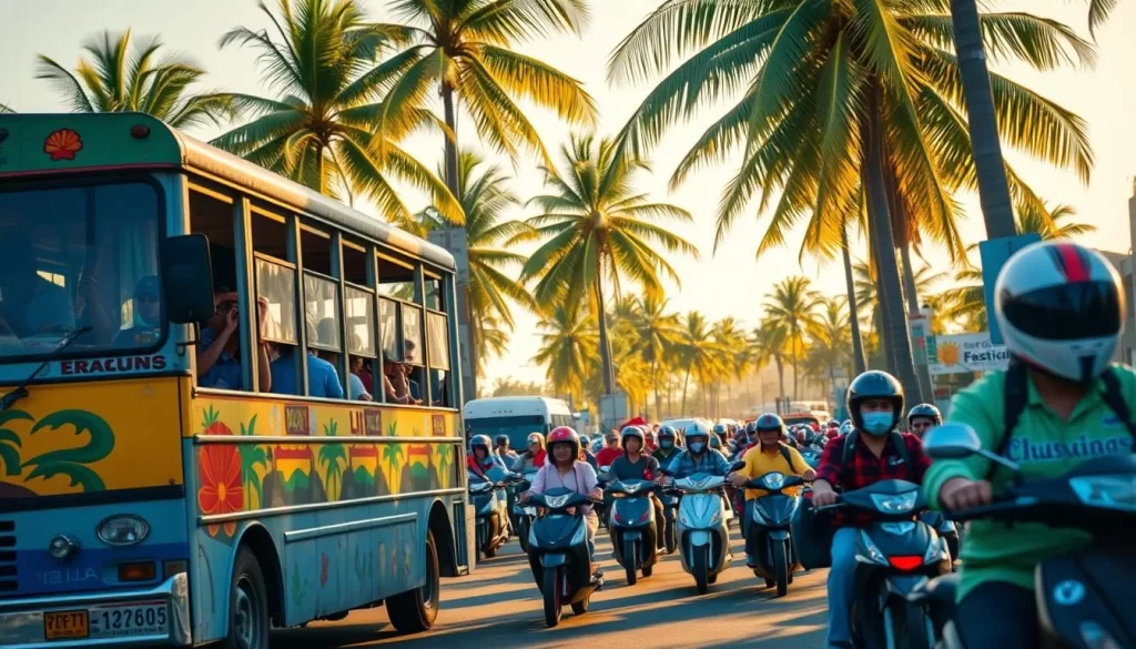 A bustling street in Reunion Island, filled with vibrant transportation options. In the foreground, a colorful open-air bus adorned with island-inspired designs. Passengers board, eager to explore the festival venues. In the middle ground, motorbikes and scooters weave through the crowd, their riders sporting local apparel. The background features palm trees swaying gently in the warm tropical breeze, setting the scene for a lively festival atmosphere. Warm, golden sunlight bathes the scene, casting shadows and highlighting the diversity of this island's transportation culture. The overall mood is one of excitement and anticipation, inviting the viewer to immerse themselves in the festivities.