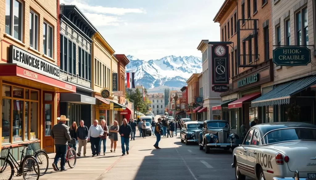A bustling street in a Yukon town, with French storefronts, cafes, and signs. The sun casts a warm glow, highlighting the distinctive architectural details. In the foreground, pedestrians stroll along the sidewalk, chatting in French. Bicycles and vintage cars line the street, creating a charming, European-inspired atmosphere. In the middle ground, a quaint town square features a French-speaking street performer entertaining a crowd. The background showcases the rugged, snow-capped Yukon mountains, contrasting the urban French ambiance. The scene conveys the vibrant French cultural presence in this remote Canadian territory.