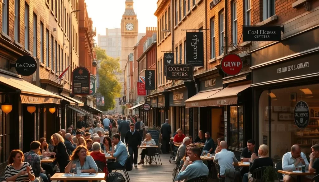 A bustling street in central London, lined with a diverse array of local cuisine restaurants. A warm, golden-hour light bathes the scene, casting a cozy glow over the historic brick facades. In the foreground, people dine al fresco at sidewalk cafes, enjoying hearty British fare and sipping on local craft ales. The middle ground features an array of storefront signs and window displays, showcasing the vibrant culinary offerings - from traditional pubs to modern bistros. In the background, the iconic silhouette of Big Ben and the Houses of Parliament provide a dramatic skyline, hinting at London's rich heritage. The overall atmosphere is one of bustling activity, community, and a celebration of the city's thriving food culture.