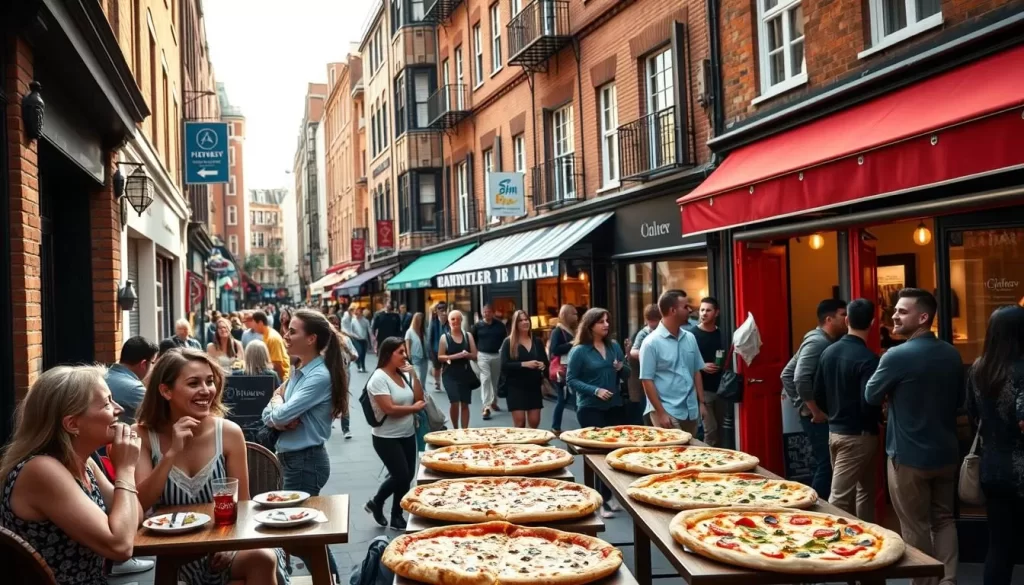 A bustling street in central London, lined with charming brick buildings and vibrant storefront awnings. In the foreground, a group of friends enjoying a leisurely lunch at an authentic Italian pizzeria, their laughter and conversation mingling with the aromas of freshly baked dough and melted cheese. The middle ground showcases a diverse array of pizza styles, from classic Margherita to innovative specialty pies, as customers eagerly wait their turn. In the background, a kaleidoscope of people stroll by, immersed in the lively, cosmopolitan atmosphere that has come to define London's thriving pizza scene. Warm, filtered sunlight casts a soft, inviting glow over the entire tableau, creating a sense of timeless charm and culinary delight.